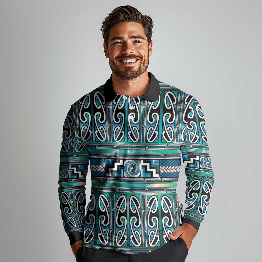Maori Matariki Long Sleeve Polo Shirt Green Galaxy Aesthetic Koru Art LT01 - Polynesian Pride