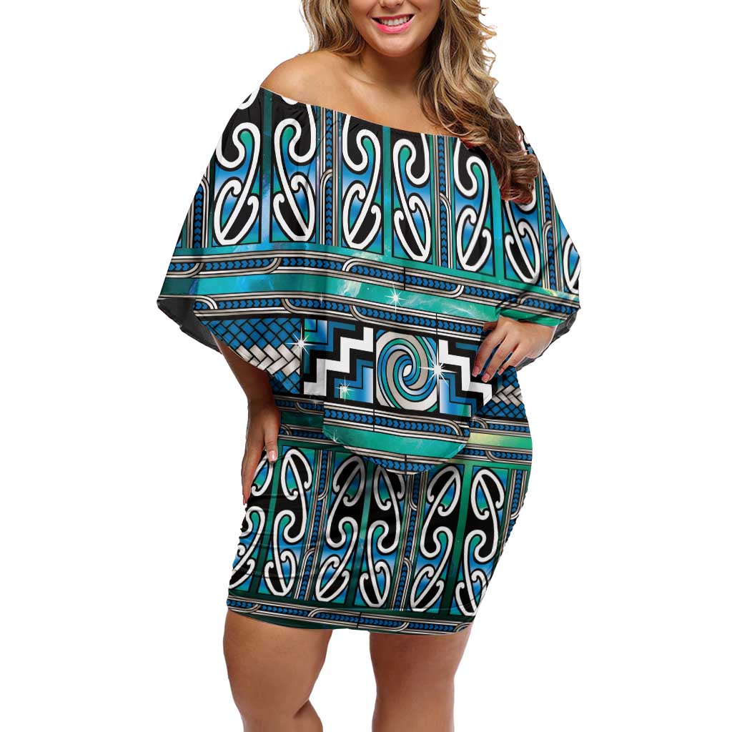Maori Matariki Off Shoulder Short Dress Green Galaxy Aesthetic Koru Art LT01 Women Green - Polynesian Pride