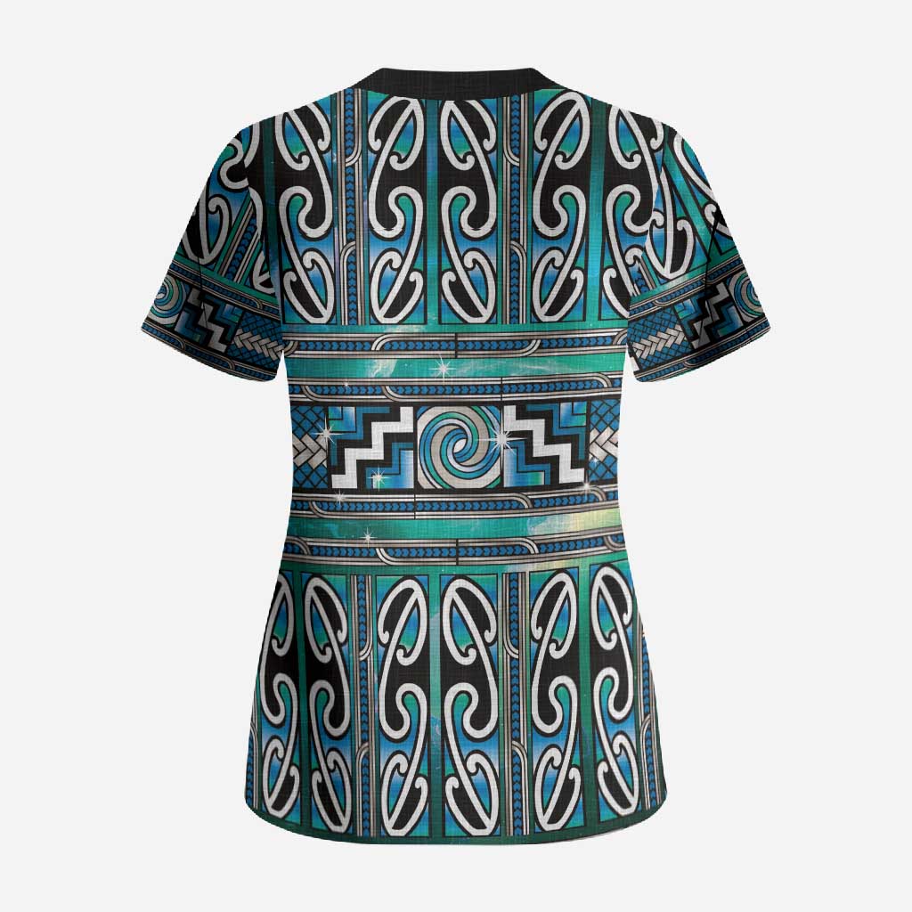 Maori Matariki Scrub Top Green Galaxy Aesthetic Koru Art LT01 - Polynesian Pride