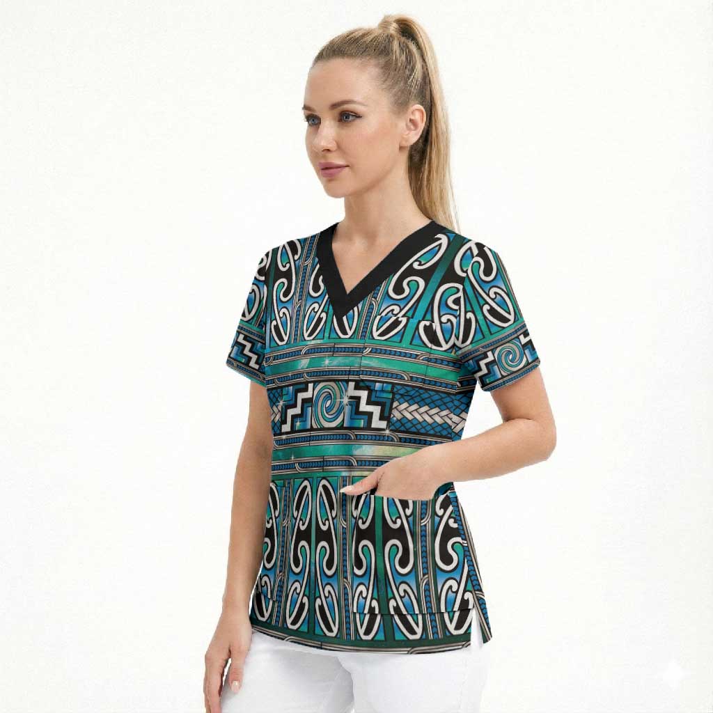 Maori Matariki Scrub Top Green Galaxy Aesthetic Koru Art LT01 - Polynesian Pride