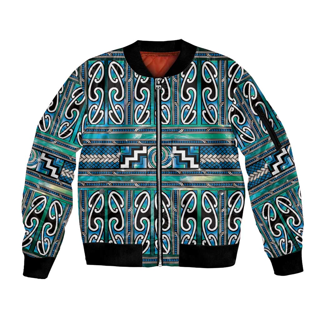 Maori Matariki Sleeve Zip Bomber Jacket Green Galaxy Aesthetic Koru Art LT01 Unisex Green - Polynesian Pride