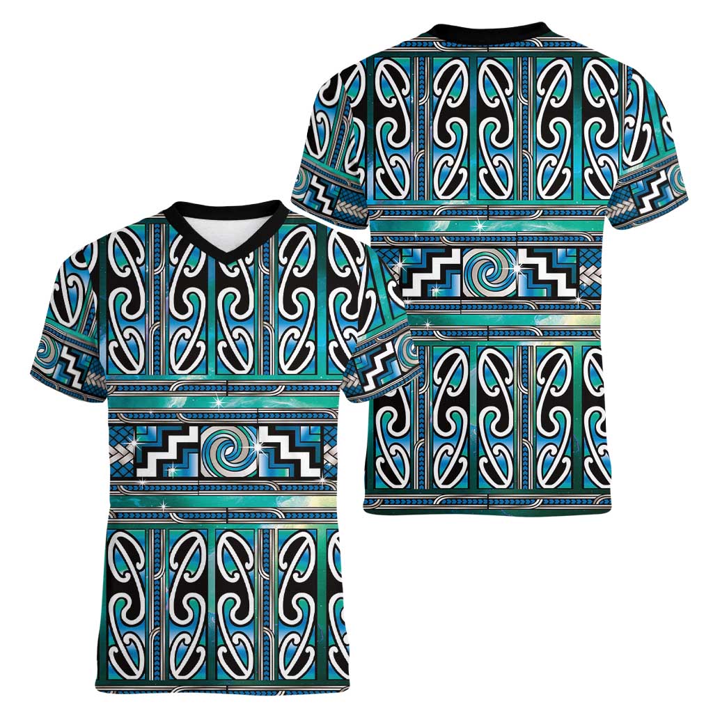 Maori Matariki Women V-Neck T-Shirt Green Galaxy Aesthetic Koru Art LT01 - Polynesian Pride