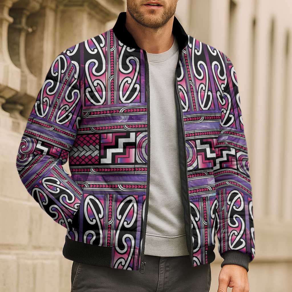 Maori Matariki Bomber Puffer Jacket Pink Galaxy Aesthetic Koru Art LT01 - Polynesian Pride
