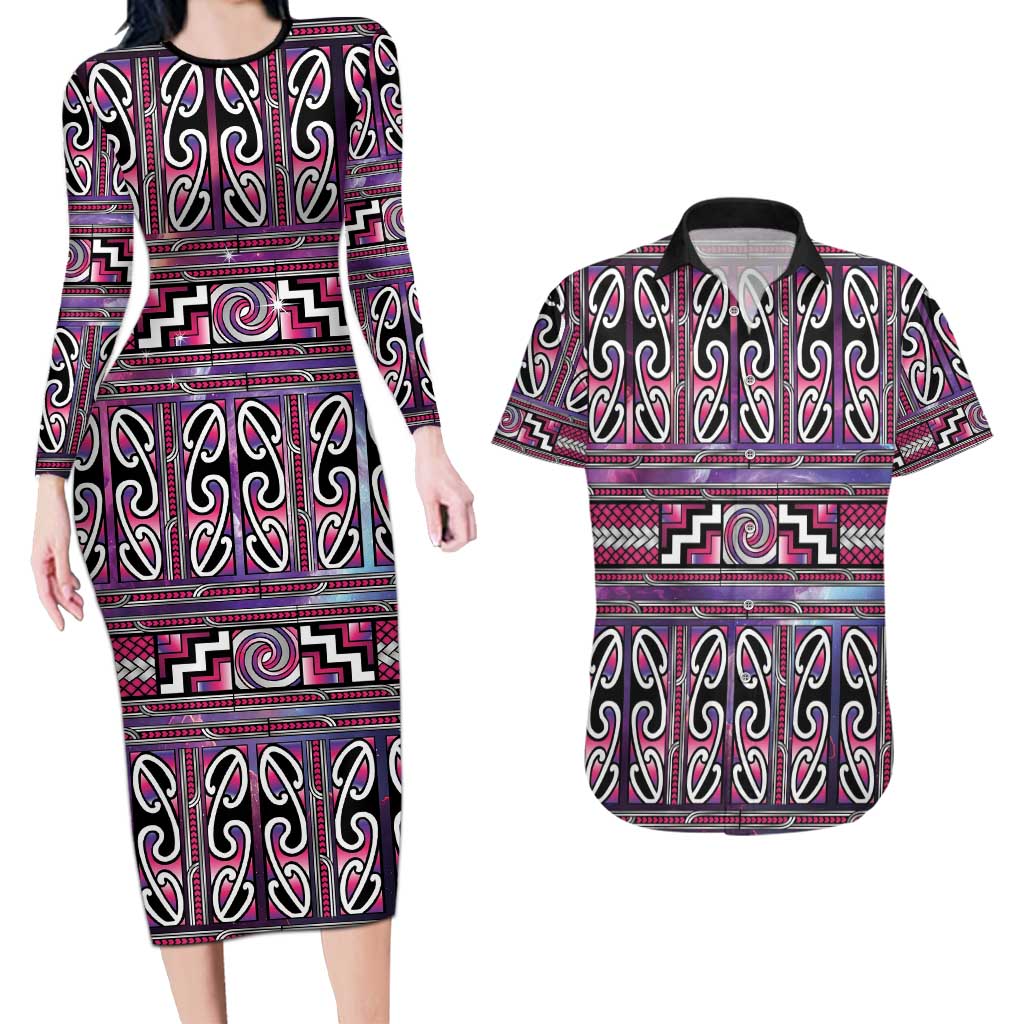 Maori Matariki Couples Matching Long Sleeve Bodycon Dress and Hawaiian Shirt Pink Galaxy Aesthetic Koru Art LT01 Pink - Polynesian Pride
