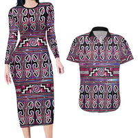Maori Matariki Couples Matching Long Sleeve Bodycon Dress and Hawaiian Shirt Pink Galaxy Aesthetic Koru Art LT01 Pink - Polynesian Pride