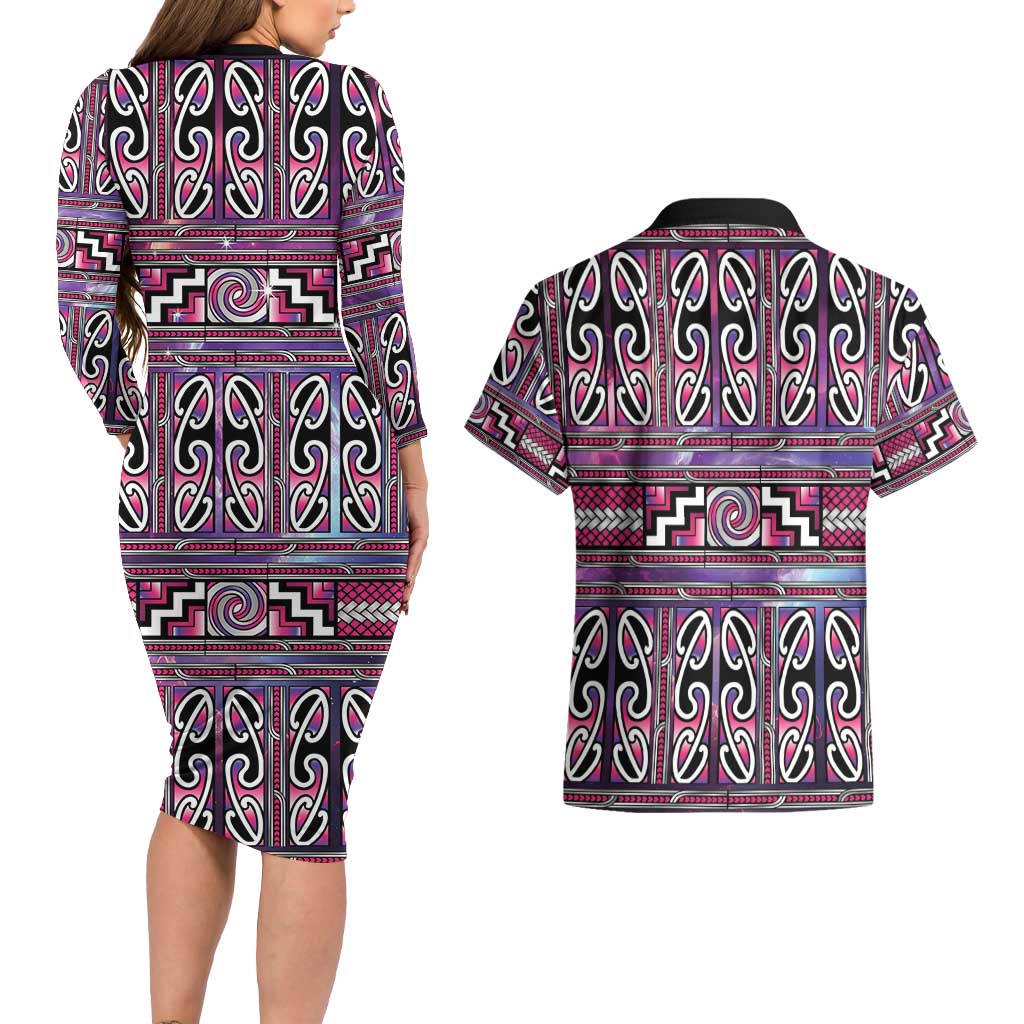 Maori Matariki Couples Matching Long Sleeve Bodycon Dress and Hawaiian Shirt Pink Galaxy Aesthetic Koru Art LT01 - Polynesian Pride