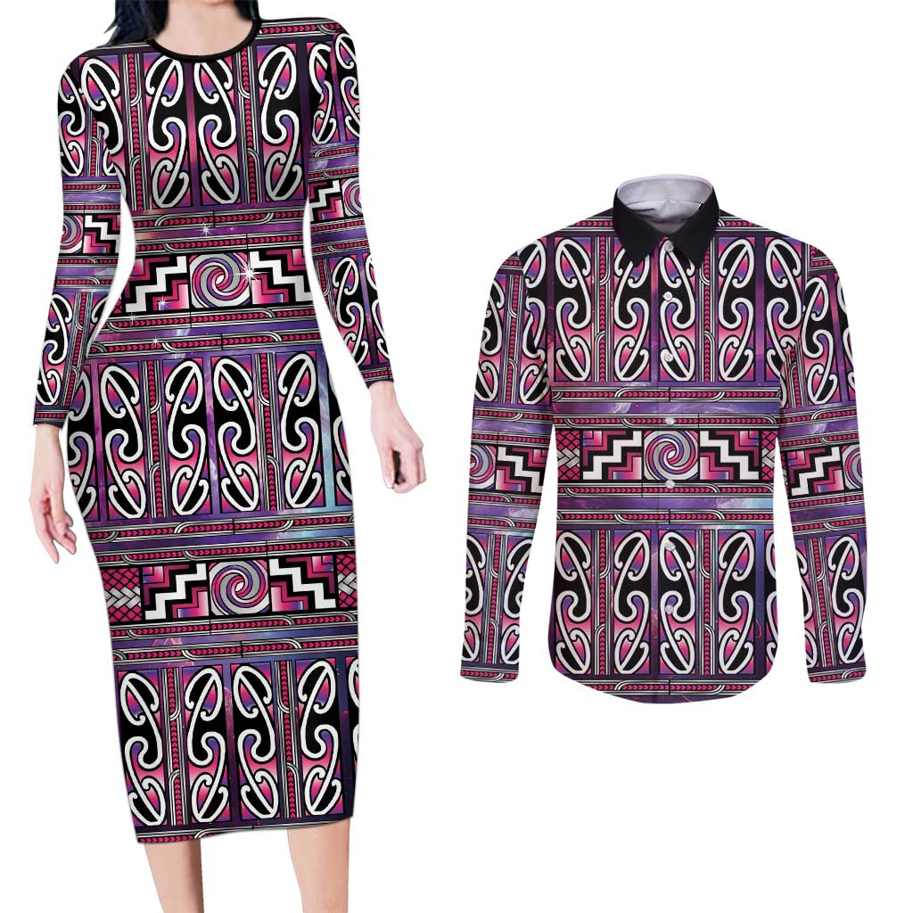 Maori Matariki Couples Matching Long Sleeve Bodycon Dress and Long Sleeve Button Shirt Pink Galaxy Aesthetic Koru Art LT01 Pink - Polynesian Pride