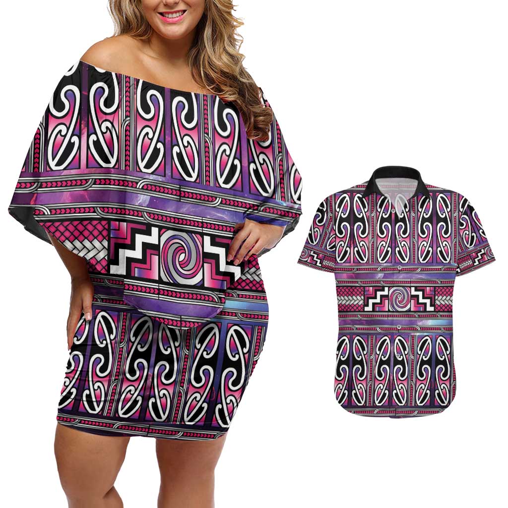 Maori Matariki Couples Matching Off Shoulder Short Dress and Hawaiian Shirt Pink Galaxy Aesthetic Koru Art LT01 Pink - Polynesian Pride