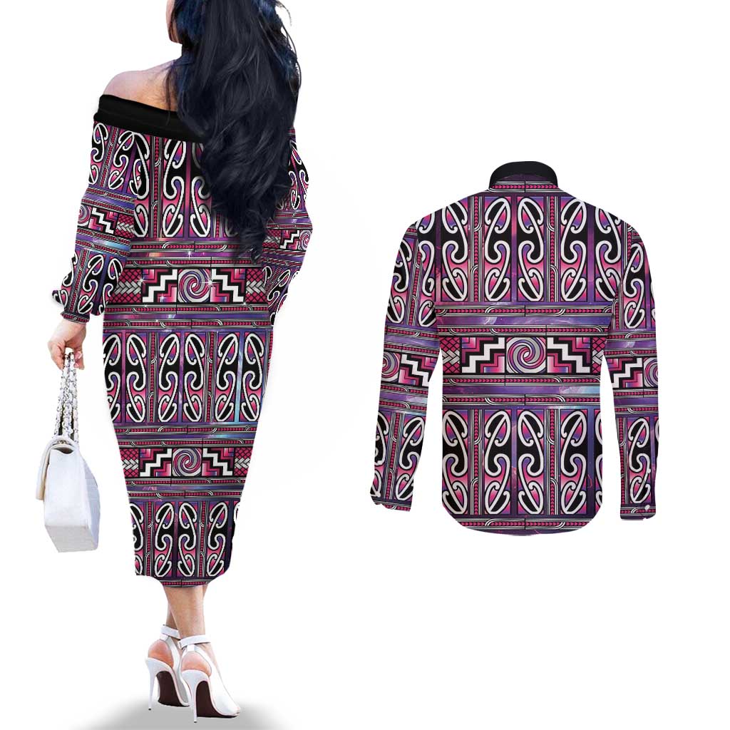Maori Matariki Couples Matching Off The Shoulder Long Sleeve Dress and Long Sleeve Button Shirt Pink Galaxy Aesthetic Koru Art LT01 - Polynesian Pride