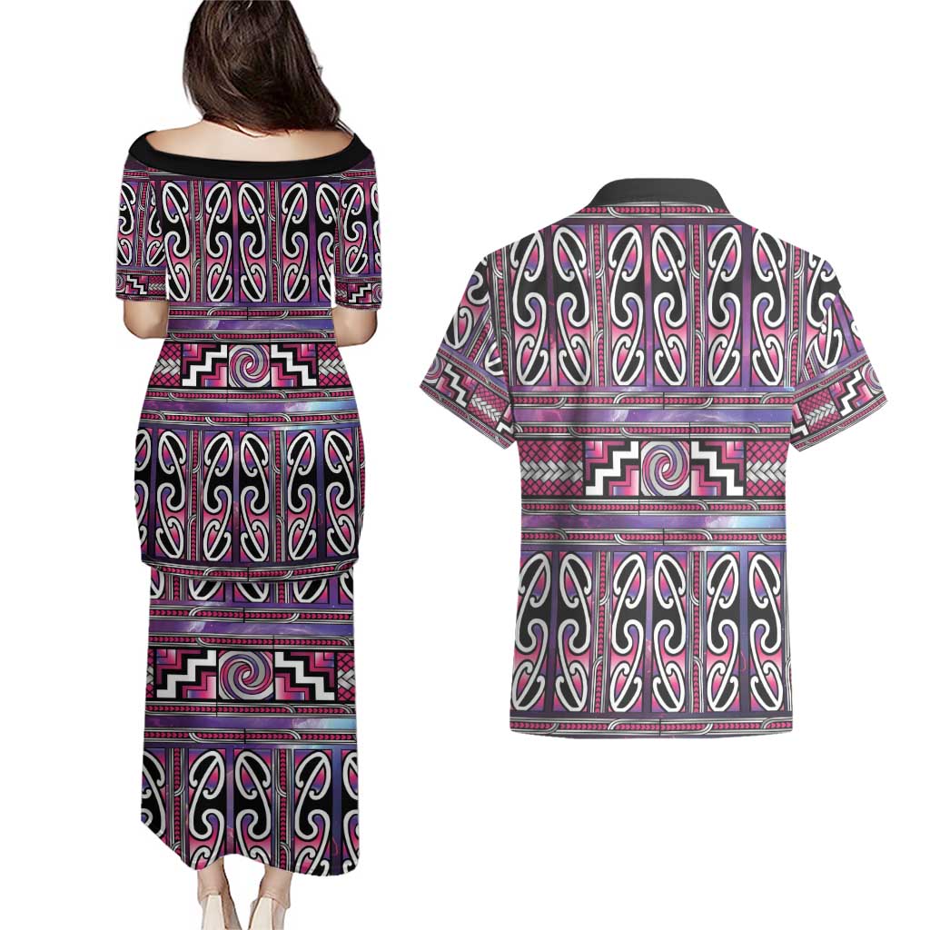 Maori Matariki Couples Matching Puletasi and Hawaiian Shirt Pink Galaxy Aesthetic Koru Art LT01 - Polynesian Pride