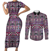 Maori Matariki Couples Matching Short Sleeve Bodycon Dress and Long Sleeve Button Shirt Pink Galaxy Aesthetic Koru Art LT01 Pink - Polynesian Pride