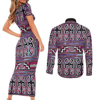 Maori Matariki Couples Matching Short Sleeve Bodycon Dress and Long Sleeve Button Shirt Pink Galaxy Aesthetic Koru Art LT01 - Polynesian Pride