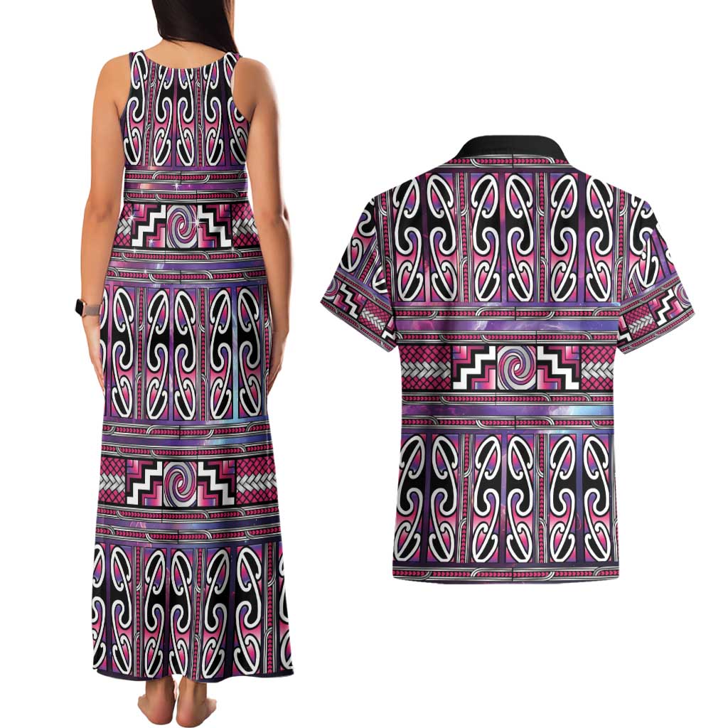 Maori Matariki Couples Matching Tank Maxi Dress and Hawaiian Shirt Pink Galaxy Aesthetic Koru Art LT01 - Polynesian Pride