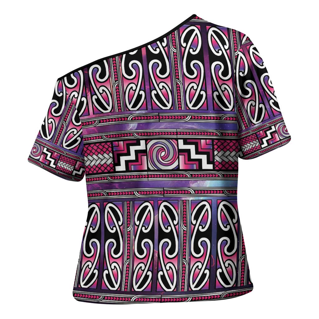 Maori Matariki Cross Shoulder Shirt Pink Galaxy Aesthetic Koru Art LT01 - Polynesian Pride