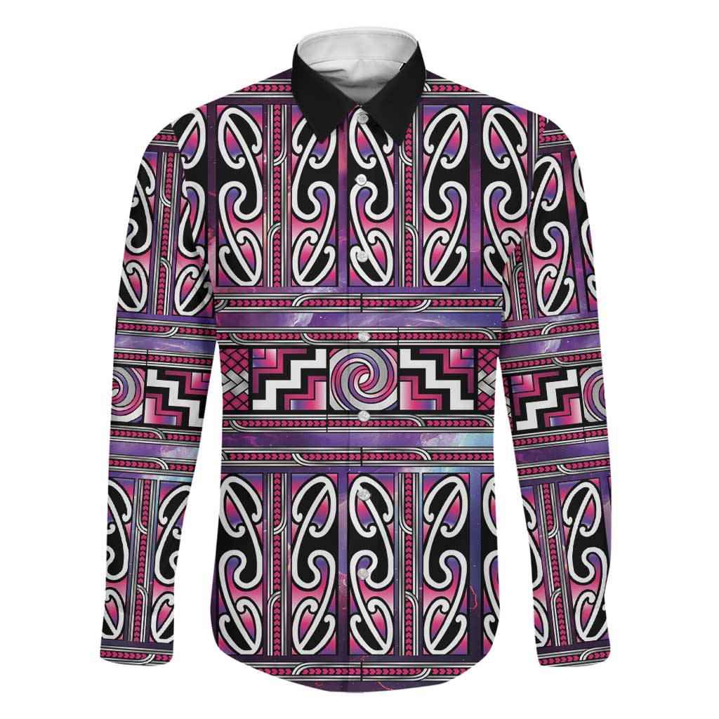 Maori Matariki Family Matching Long Sleeve Bodycon Dress and Hawaiian Shirt Pink Galaxy Aesthetic Koru Art LT01 Dad's Shirt - Long Sleeve Pink - Polynesian Pride