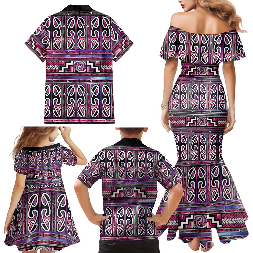 Maori Matariki Family Matching Mermaid Dress and Hawaiian Shirt Pink Galaxy Aesthetic Koru Art LT01 - Polynesian Pride