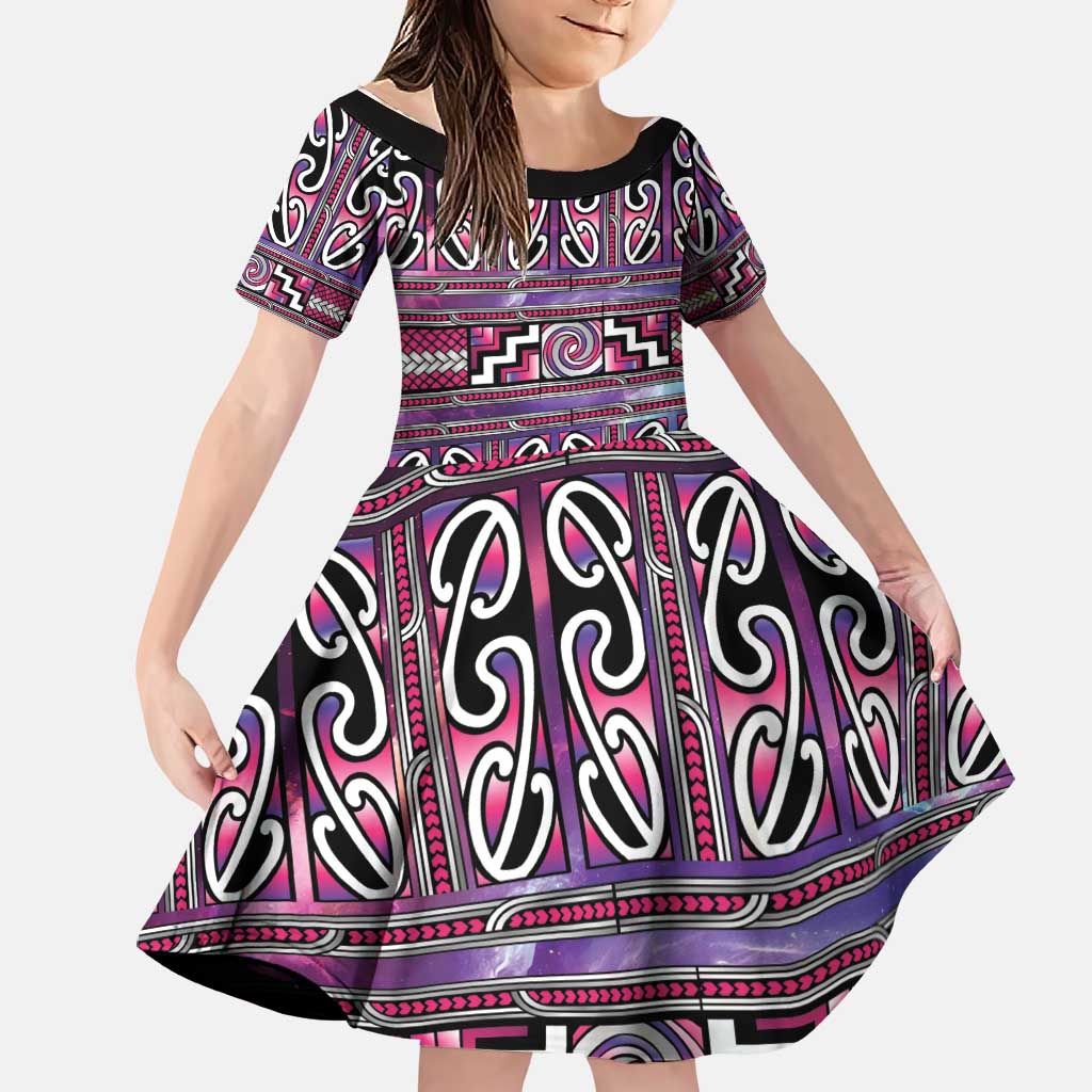 Maori Matariki Family Matching Off The Shoulder Long Sleeve Dress and Hawaiian Shirt Pink Galaxy Aesthetic Koru Art LT01 Daughter's Dress Pink - Polynesian Pride