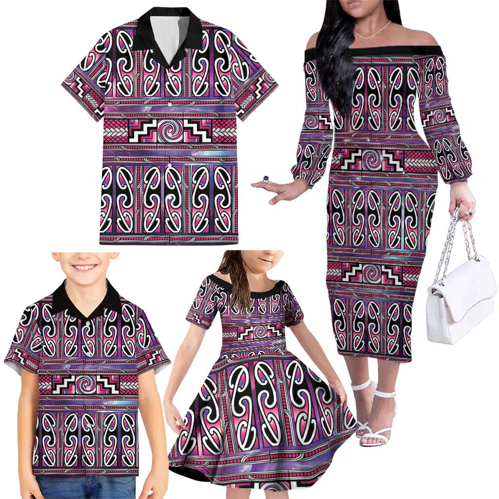Maori Matariki Family Matching Off The Shoulder Long Sleeve Dress and Hawaiian Shirt Pink Galaxy Aesthetic Koru Art