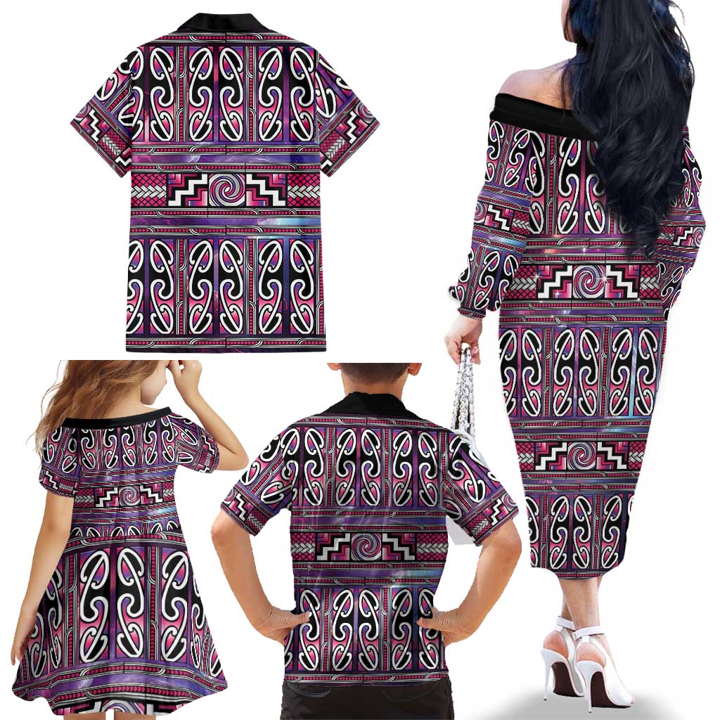 Maori Matariki Family Matching Off The Shoulder Long Sleeve Dress and Hawaiian Shirt Pink Galaxy Aesthetic Koru Art LT01 - Polynesian Pride