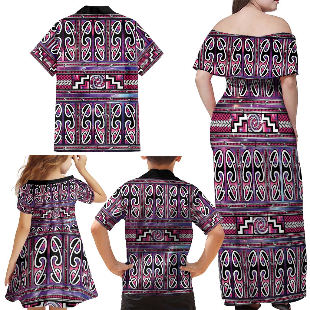 Maori Matariki Family Matching Off Shoulder Maxi Dress and Hawaiian Shirt Pink Galaxy Aesthetic Koru Art LT01 - Polynesian Pride