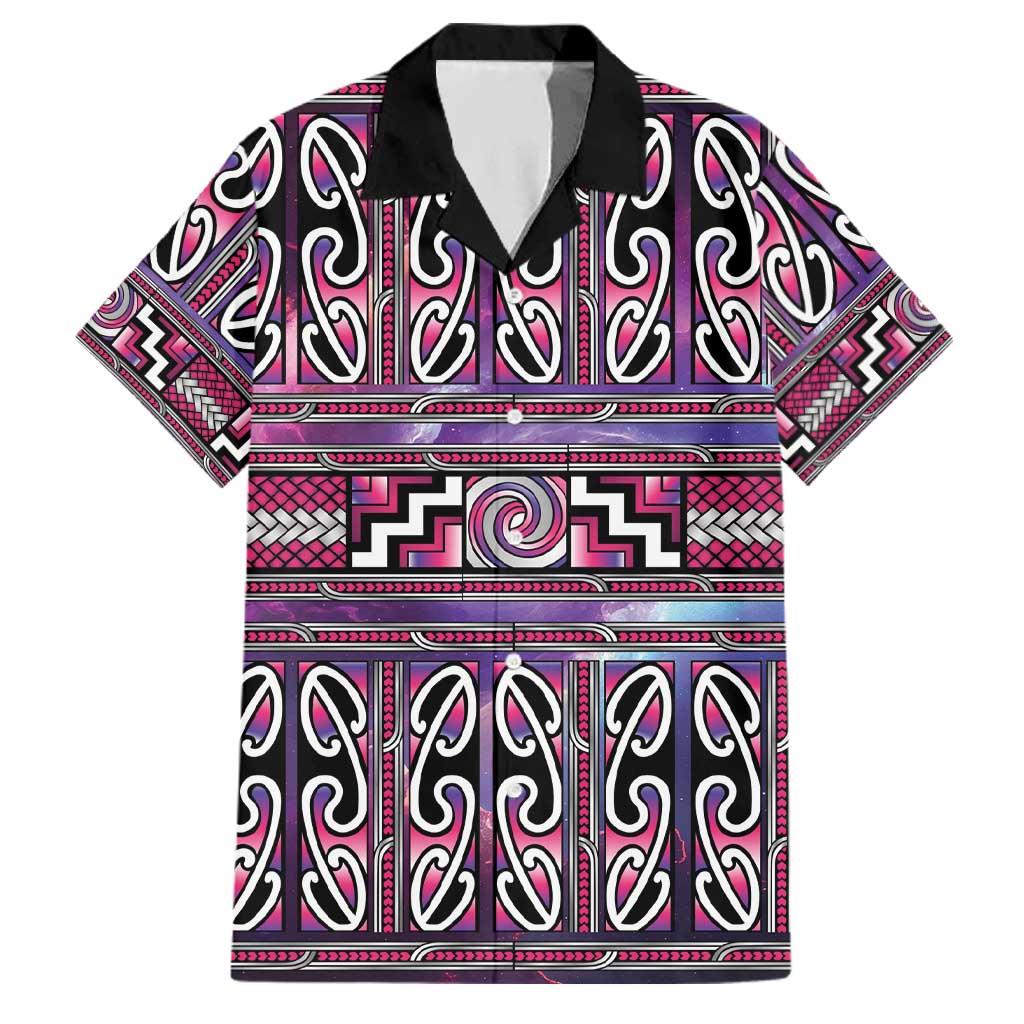 Maori Matariki Family Matching Off Shoulder Maxi Dress and Hawaiian Shirt Pink Galaxy Aesthetic Koru Art LT01 Dad's Shirt - Short Sleeve Pink - Polynesian Pride