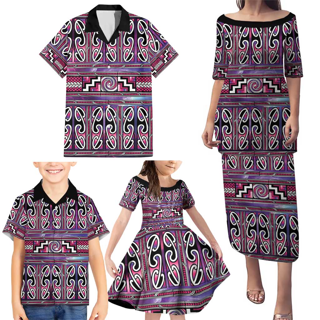 Maori Matariki Family Matching Puletasi and Hawaiian Shirt Pink Galaxy Aesthetic Koru Art LT01 - Polynesian Pride