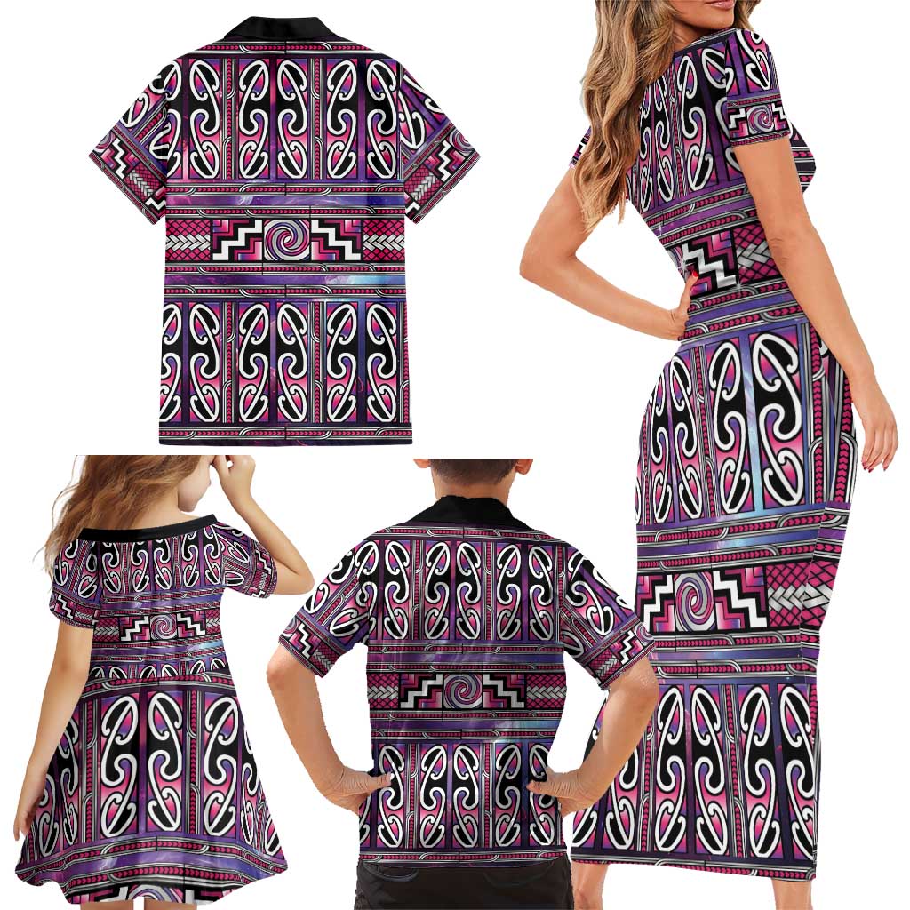 Maori Matariki Family Matching Short Sleeve Bodycon Dress and Hawaiian Shirt Pink Galaxy Aesthetic Koru Art LT01 - Polynesian Pride