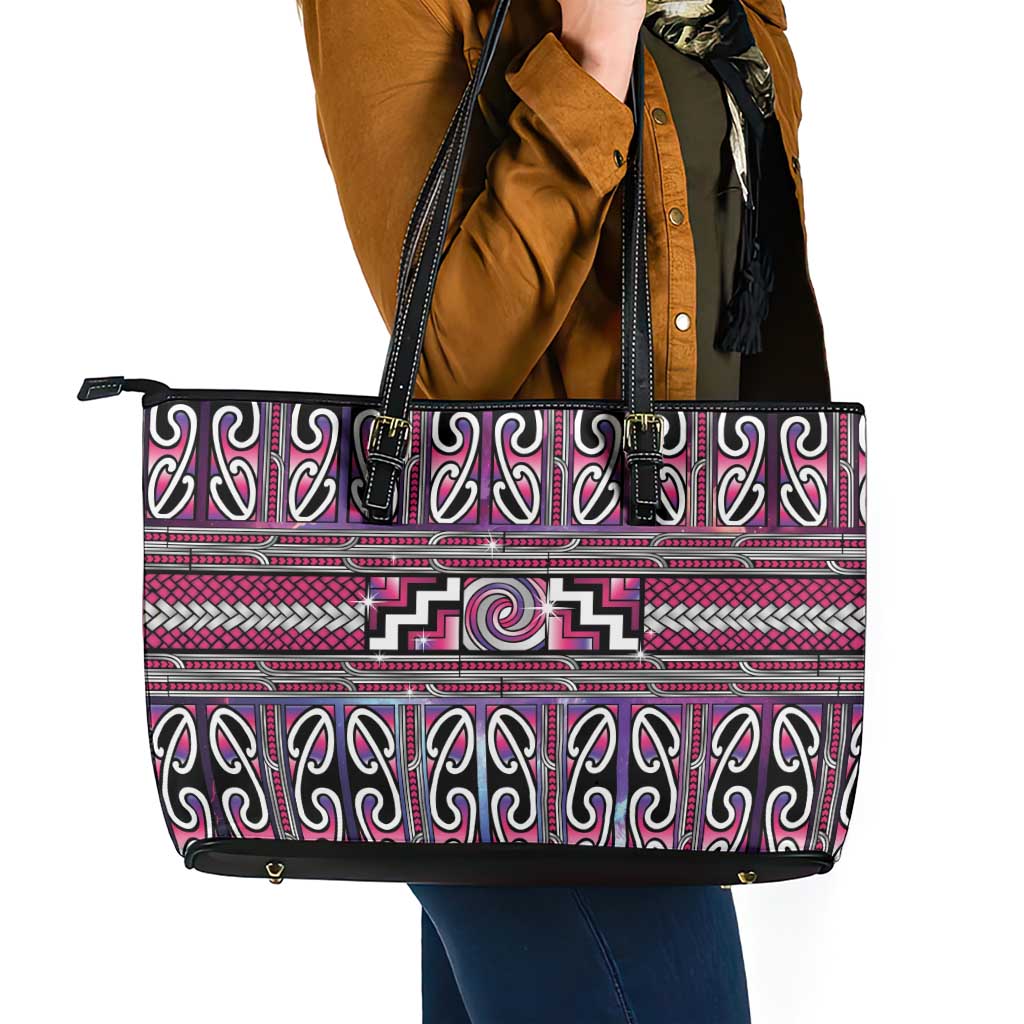 Maori Matariki Leather Tote Bag Pink Galaxy Aesthetic Koru Art LT01 - Polynesian Pride