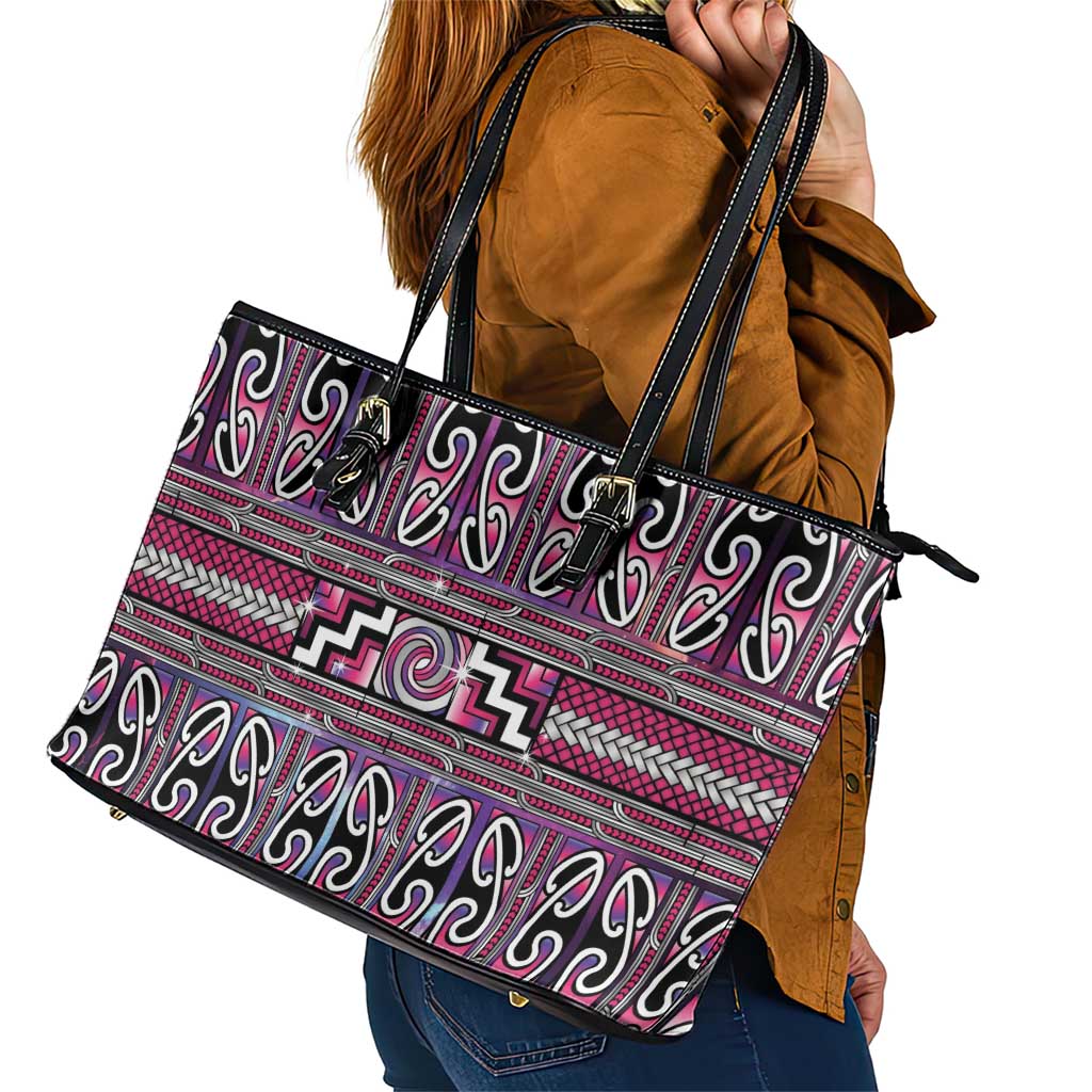 Maori Matariki Leather Tote Bag Pink Galaxy Aesthetic Koru Art LT01 - Polynesian Pride