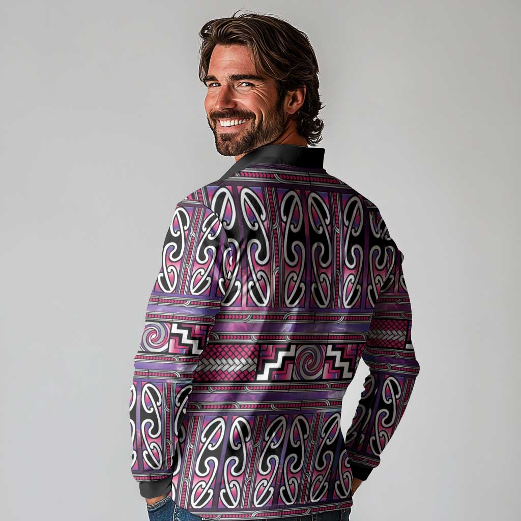 Maori Matariki Long Sleeve Polo Shirt Pink Galaxy Aesthetic Koru Art LT01 - Polynesian Pride