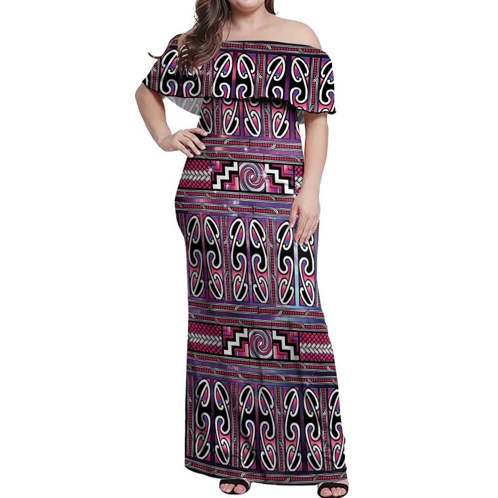 Maori Matariki Off Shoulder Maxi Dress Pink Galaxy Aesthetic Koru Art LT01 Women Pink - Polynesian Pride