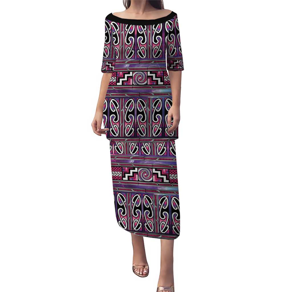 Maori Matariki Puletasi Pink Galaxy Aesthetic Koru Art LT01 Long Dress Pink - Polynesian Pride