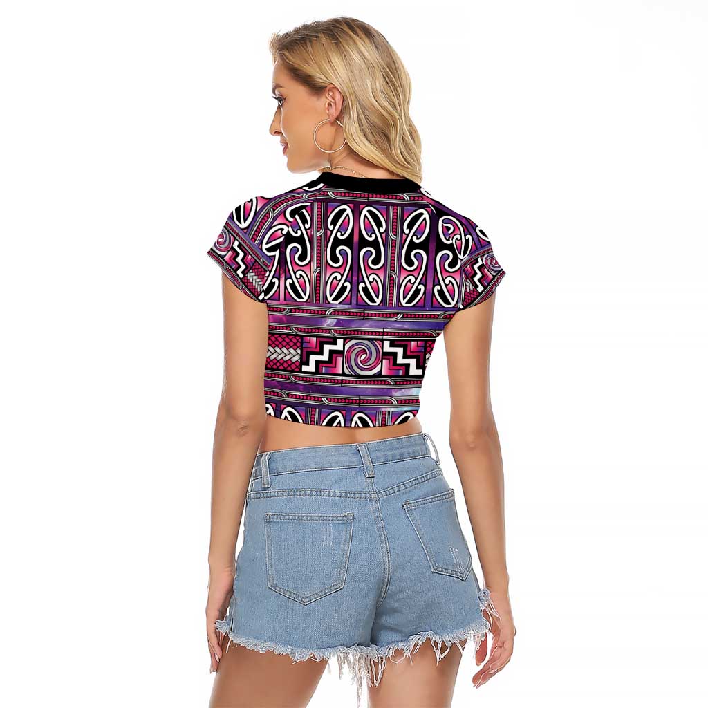 Maori Matariki Raglan Cropped T Shirt Pink Galaxy Aesthetic Koru Art LT01 - Polynesian Pride