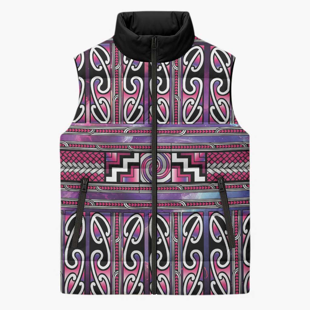 Maori Matariki Sleeveless Puffer Jacket Pink Galaxy Aesthetic Koru Art LT01 Unisex Pink - Polynesian Pride