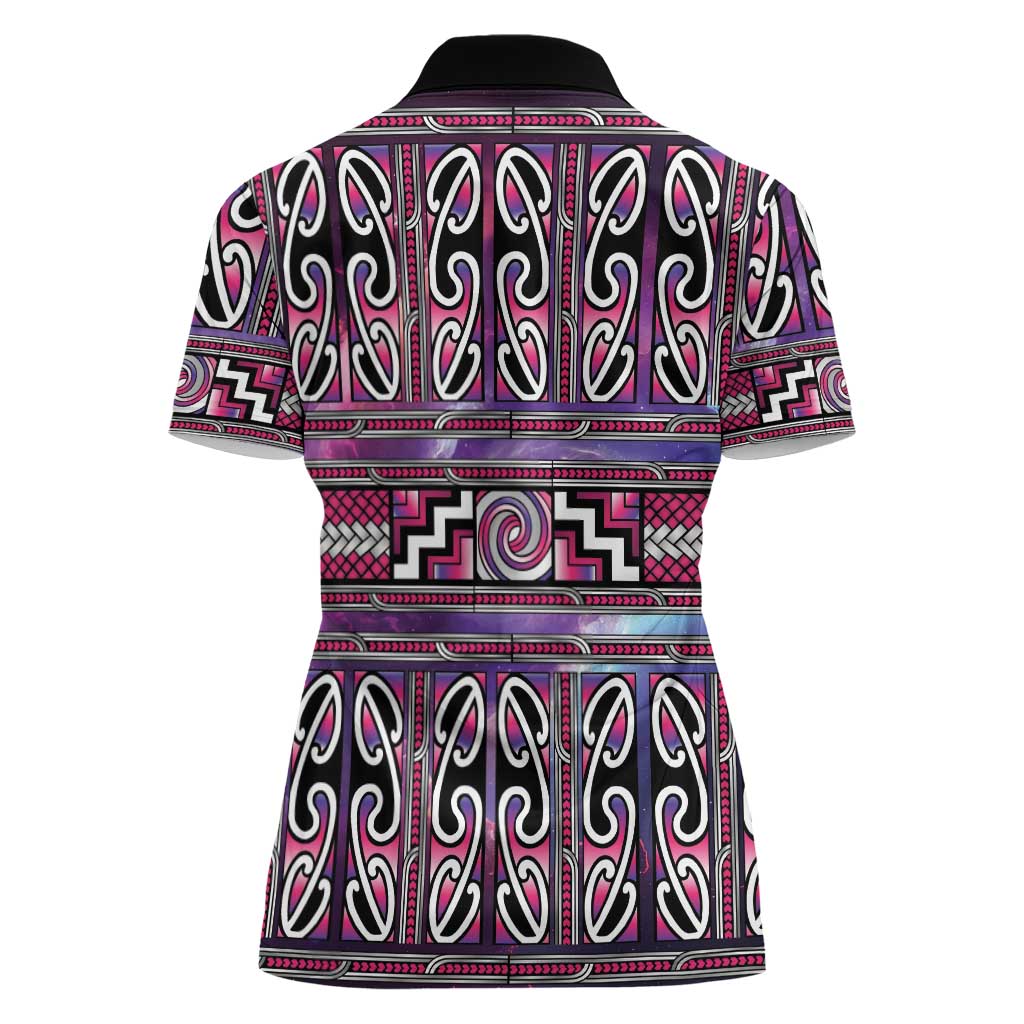 Maori Matariki Women Polo Shirt Pink Galaxy Aesthetic Koru Art LT01 - Polynesian Pride