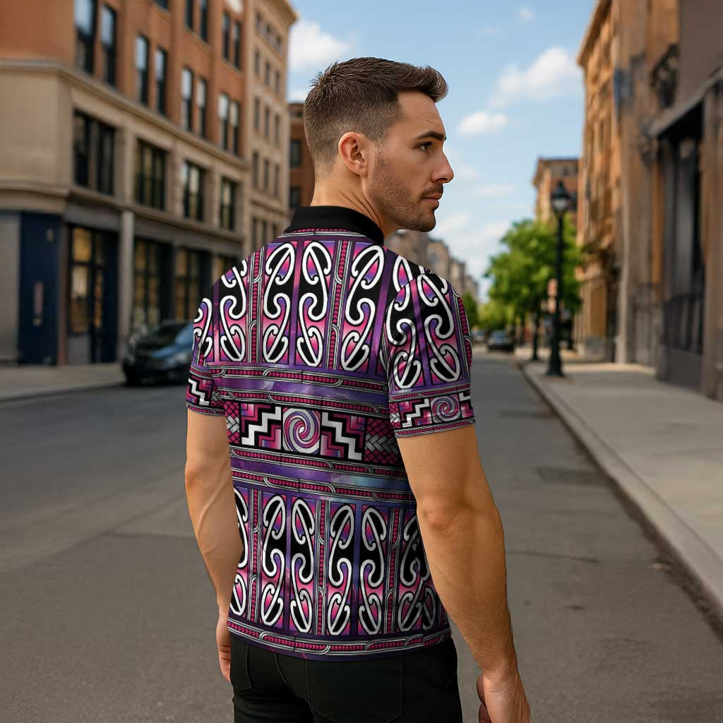 Maori Matariki Zipper Polo Shirt Pink Galaxy Aesthetic Koru Art LT01 - Polynesian Pride