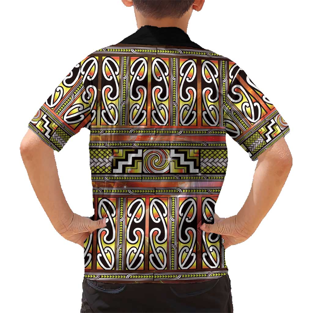 Maori Matariki Family Matching Off Shoulder Short Dress and Hawaiian Shirt Yellow Galaxy Aesthetic Koru Art LT01 - Polynesian Pride