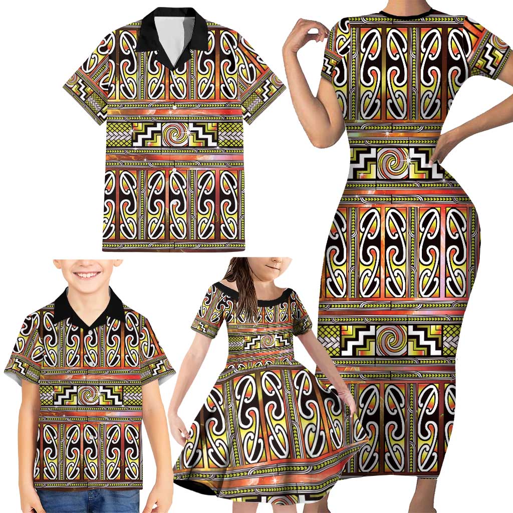 Maori Matariki Family Matching Short Sleeve Bodycon Dress and Hawaiian Shirt Yellow Galaxy Aesthetic Koru Art
