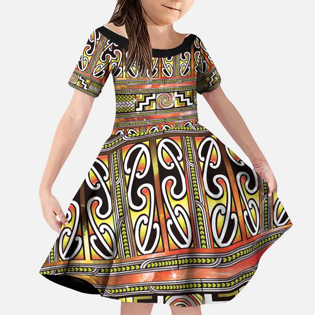 Maori Matariki Family Matching Tank Maxi Dress and Hawaiian Shirt Yellow Galaxy Aesthetic Koru Art LT01 Daughter's Dress Yellow - Polynesian Pride