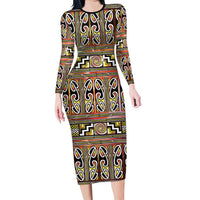 Maori Matariki Long Sleeve Bodycon Dress Yellow Galaxy Aesthetic Koru Art LT01 Long Dress Yellow - Polynesian Pride