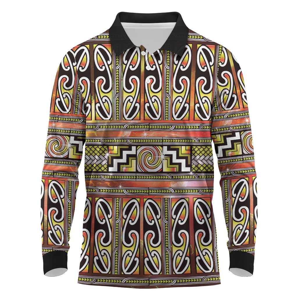 Maori Matariki Long Sleeve Polo Shirt Yellow Galaxy Aesthetic Koru Art LT01 Yellow - Polynesian Pride