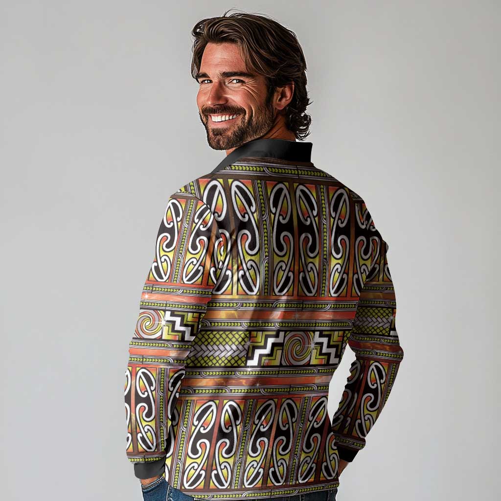 Maori Matariki Long Sleeve Polo Shirt Yellow Galaxy Aesthetic Koru Art LT01 - Polynesian Pride
