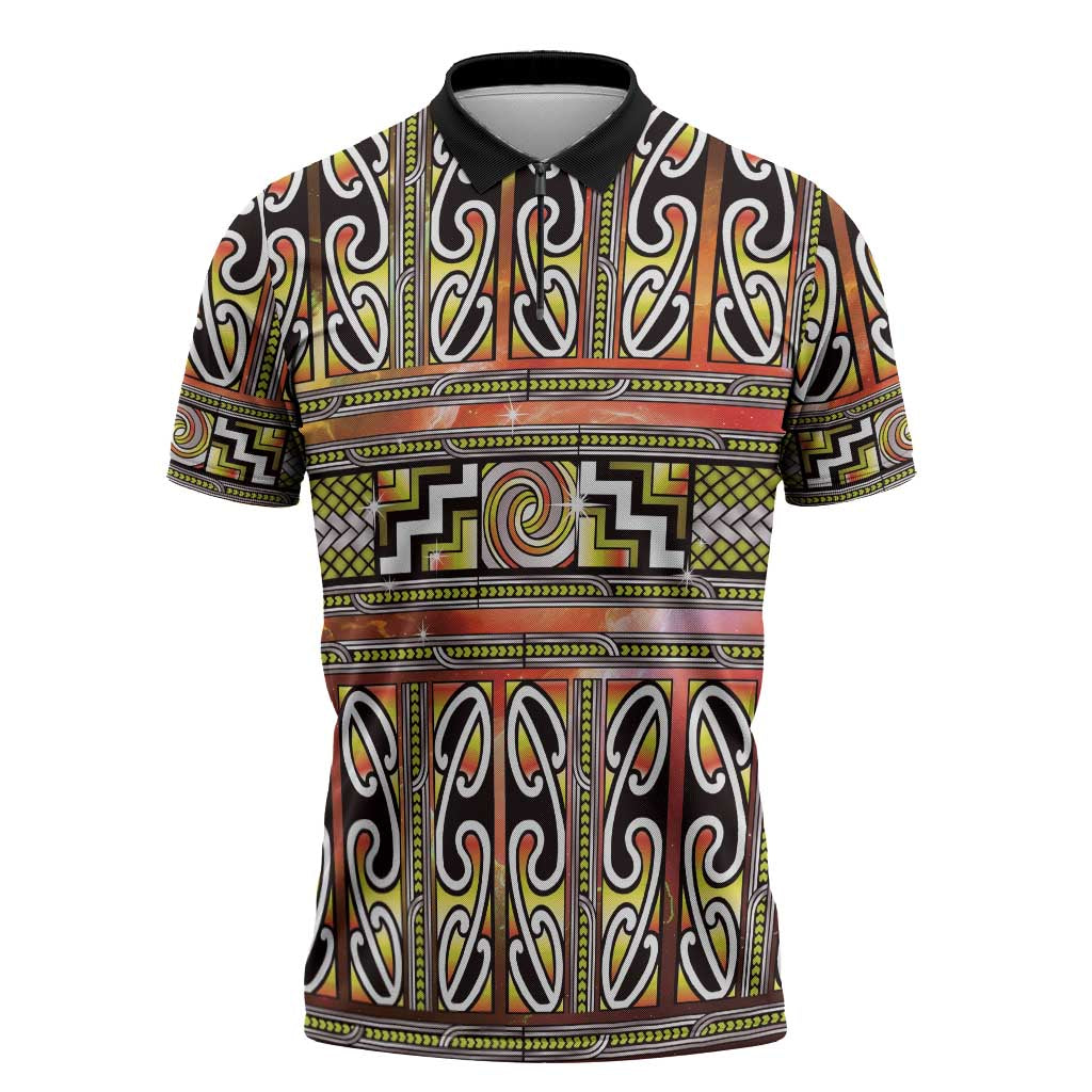 Maori Matariki Zipper Polo Shirt Yellow Galaxy Aesthetic Koru Art LT01 Yellow - Polynesian Pride