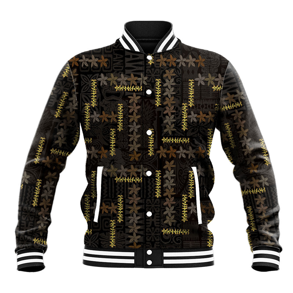 Hawaii Brown Plumeria Lei Black Baseball Jacket Frangipani Floral Heritage Art LT01 Unisex Black - Polynesian Pride