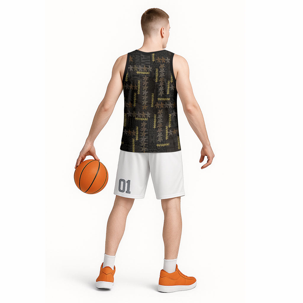 Hawaii Brown Plumeria Lei Black Basketball Jersey Frangipani Floral Heritage Art LT01 - Polynesian Pride