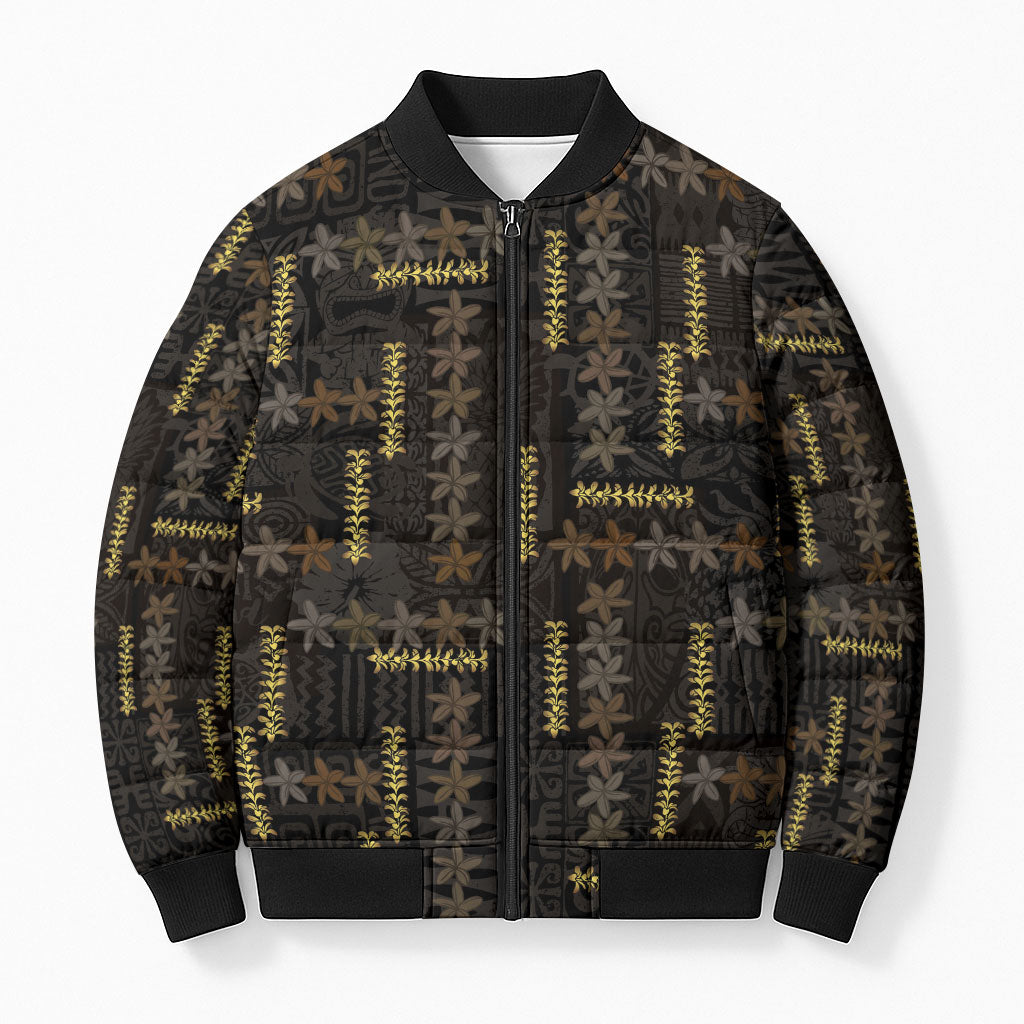 Hawaii Brown Plumeria Lei Black Bomber Puffer Jacket Frangipani Floral Heritage Art LT01 Unisex Black - Polynesian Pride