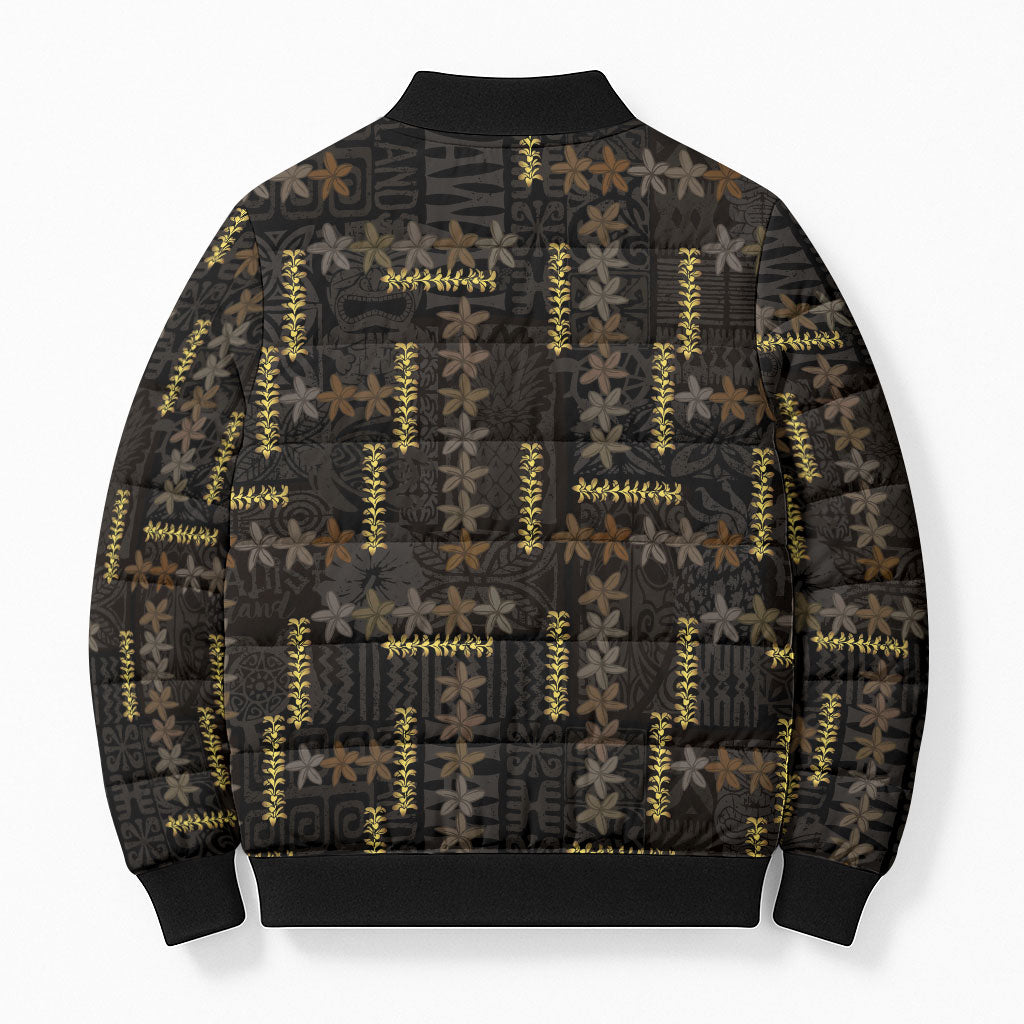 Hawaii Brown Plumeria Lei Black Bomber Puffer Jacket Frangipani Floral Heritage Art LT01 - Polynesian Pride