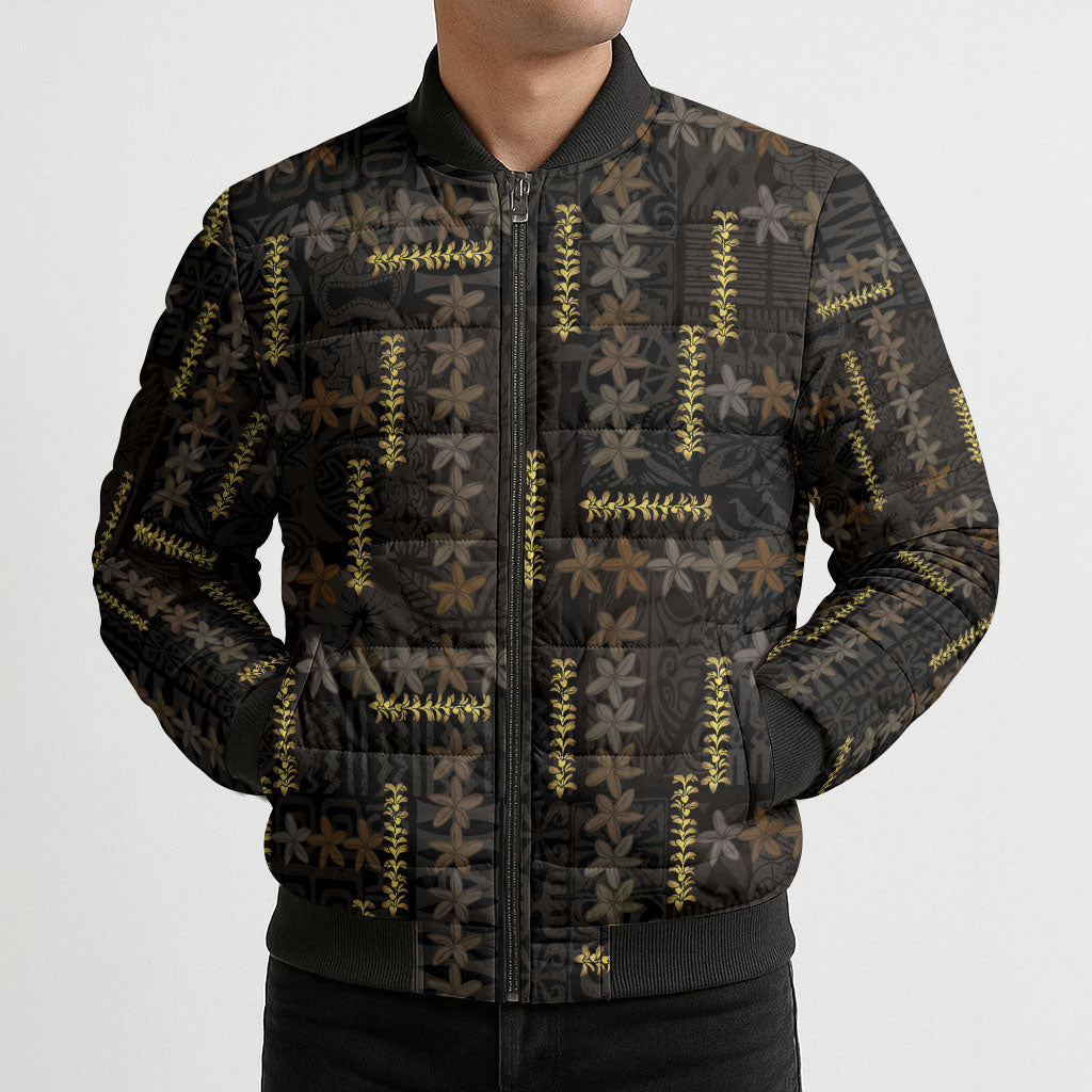 Hawaii Brown Plumeria Lei Black Bomber Puffer Jacket Frangipani Floral Heritage Art LT01 - Polynesian Pride
