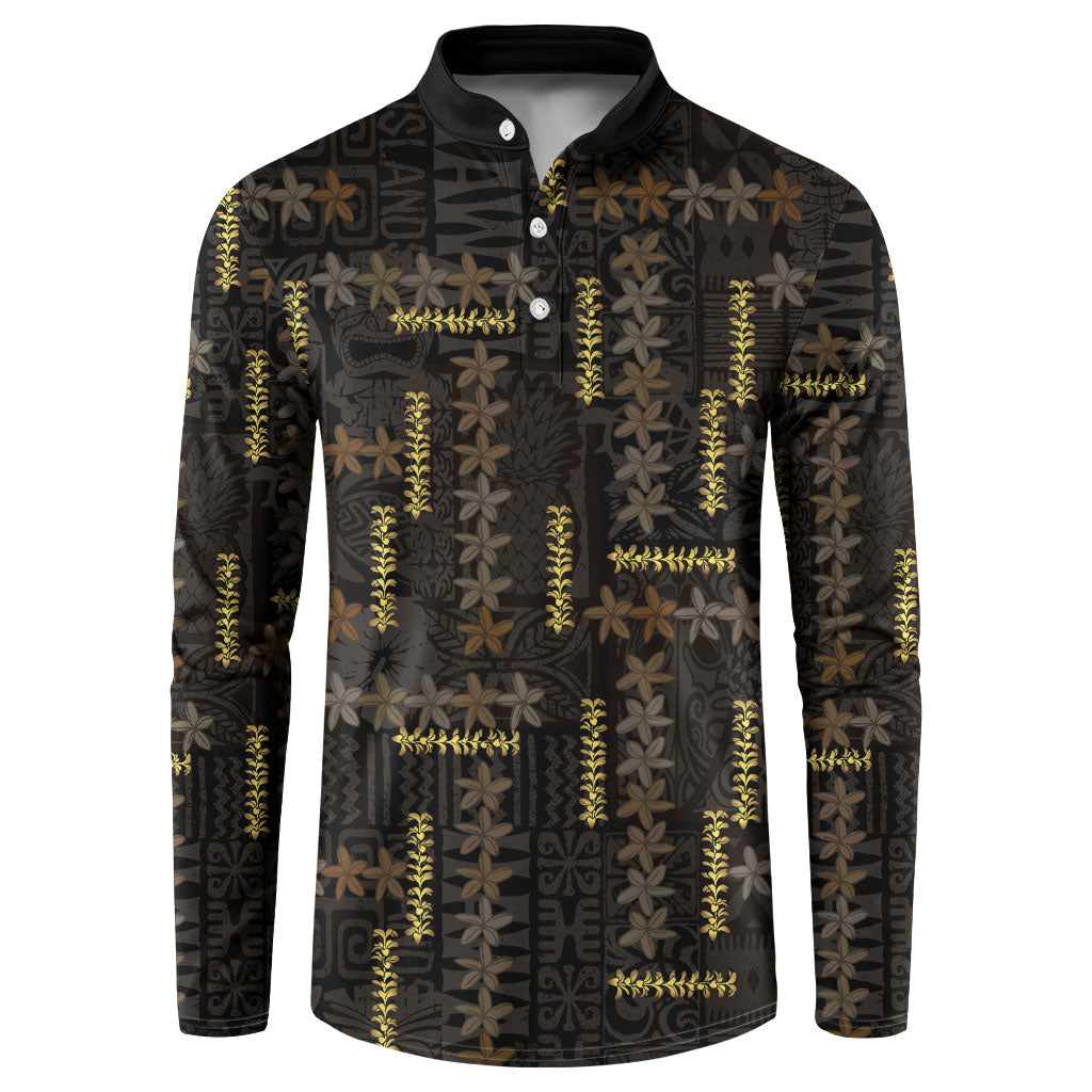 Hawaii Brown Plumeria Lei Black Button Sweatshirt Frangipani Floral Heritage Art LT01 Black - Polynesian Pride