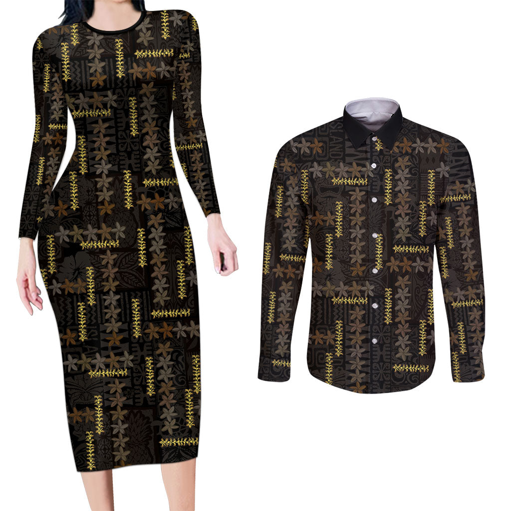 Hawaii Brown Plumeria Lei Black Couples Matching Long Sleeve Bodycon Dress and Long Sleeve Button Shirt Frangipani Floral Heritage Art